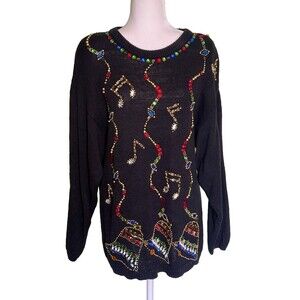 Vtg Victoria Harbour Women's Black Christmas Beaded/Rhinestone Sweater Size L